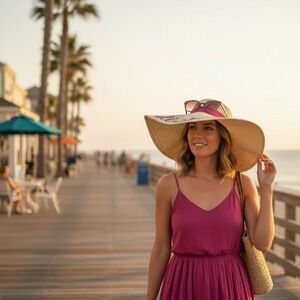 Lake Shore Drive Endless Summer Script Pink Sequin Ribbon Beige Floppy Hat EUC